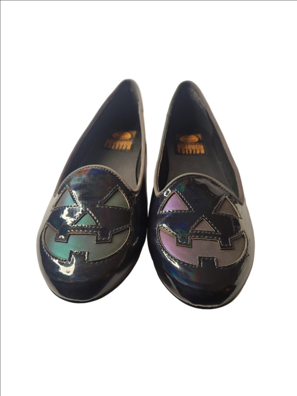 Strange Cvlt Iridescent Black  Women's Slip-On Flats Scary Jack-O'-Lantern 11M